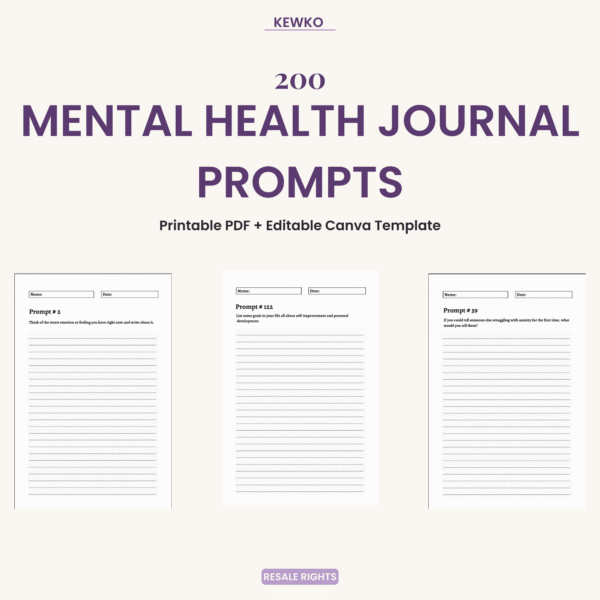 200 printable mental health journal prompts PDF and editable Canva template