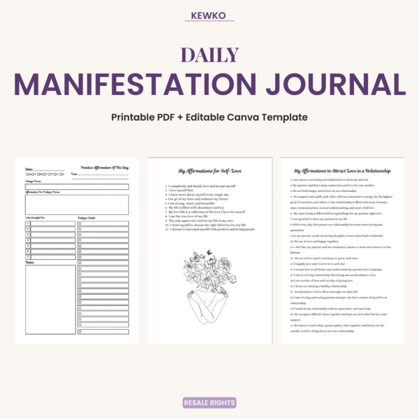 Daily Manifestation Journal printable PDF and editable Canva journal template