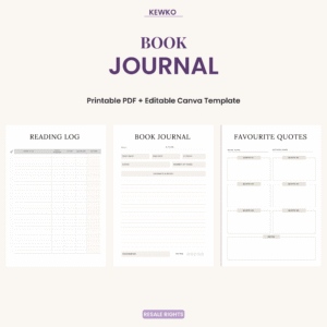 Book Journal printable PDF and editable Canva template