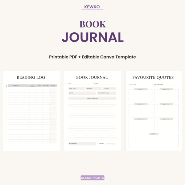 Book Journal printable PDF and editable Canva template