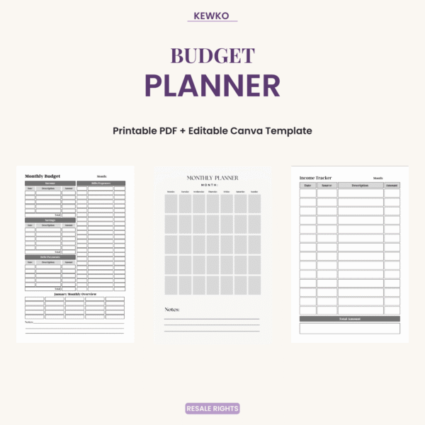 Budget Planner printable PDF and editable Canva template