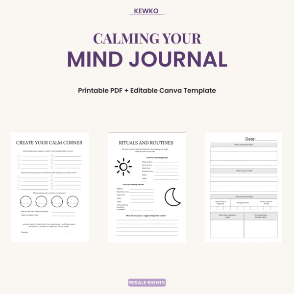 Calming Your Mind Journal printable PDF and editable Canva template