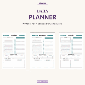 Daily Planner printable PDF and editable Canva template