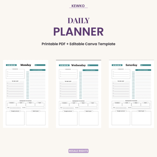 Daily Planner printable PDF and editable Canva template