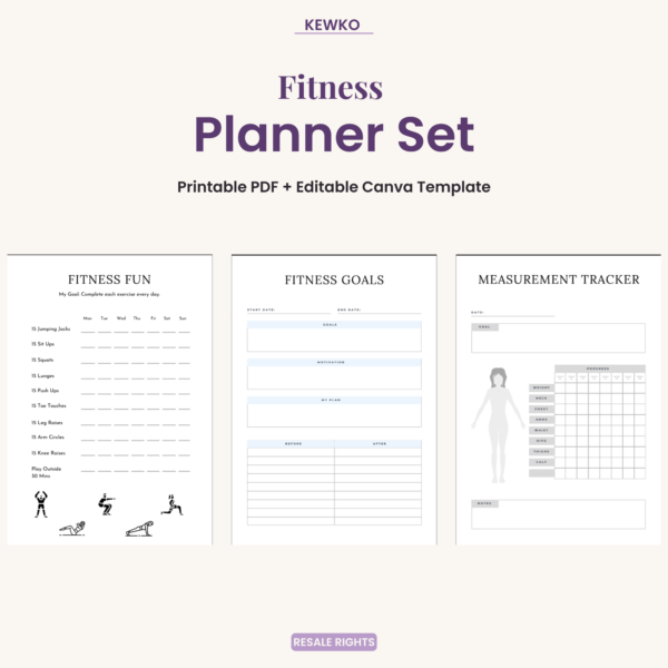 Fitness Planner Set – Printable Digital Workout Planner, Fitness Tracker and Goal Planner with Editable Canva Template